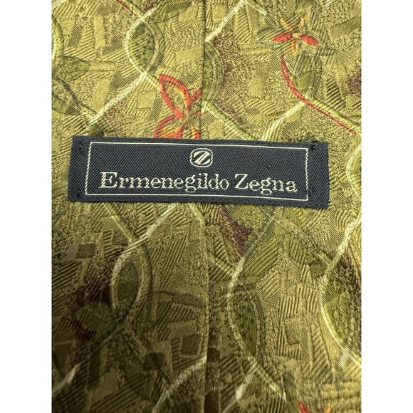 ERMENEGILDO ZEGNA YELLOW Orange Green FLORAL SILK MEN'S Neck Tie 60.5” - Picture 3 of 6
